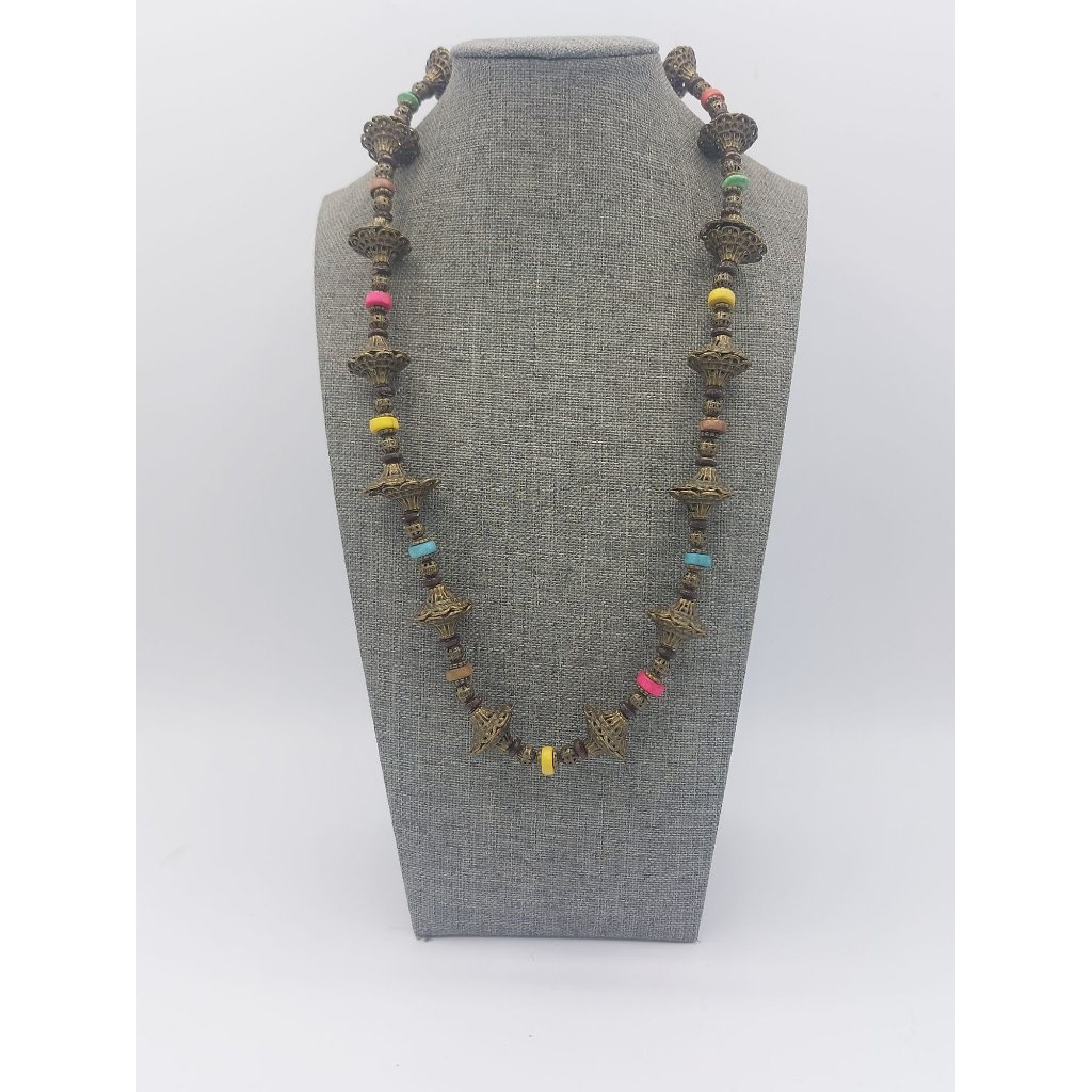 Necklace Vintage Or Antique Filigreed Metal Brass Looking Bead Single Strand 22"